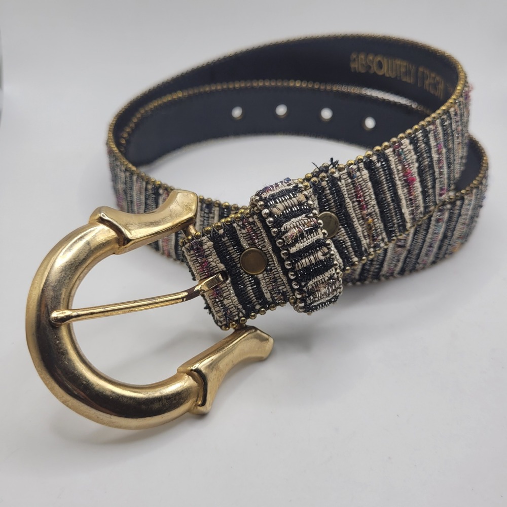 VTG Woven Fabric Belt Small Gold Buckle Boho Artisanal Textured Multicolor 90s